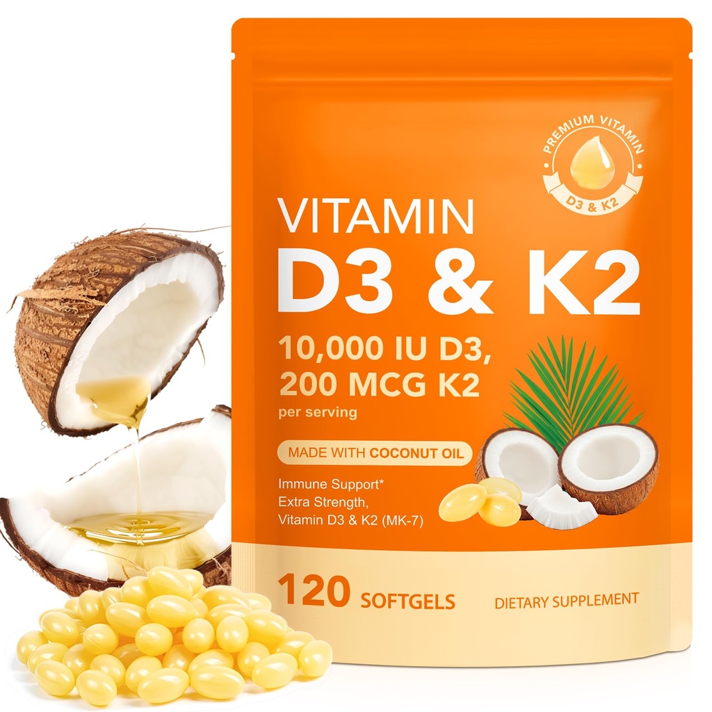 Vitamin D3 K2, D3 K2 Vitamin 10000 iu Supplement With Coconut Oil Softgels, 2 in 1 Formula 200 mcg (MK-7) Complex Softgels Support Calcium Absorption, Immune, Bone Health D3 K2 Vitamin - 120 Softgels