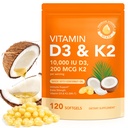 Vitamin D3 K2, D3 K2 Vitamin 10000 iu Supplement With Coconut Oil Softgels, 2 in 1 Formula 200 mcg (MK-7) Complex Softgels Support Calcium Absorption, Immune, Bone Health D3 K2 Vitamin - 120 Softgels