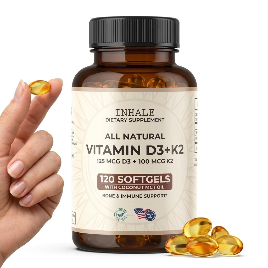 Inhale Vitamin D3 + K2 with Coconut Oil – 5000 IU D3 & 100 mcg MK7 K2 for Bone, Heart & Immune Support – Non-GMO · Soy Free · Gluten Free – 120 Softgels