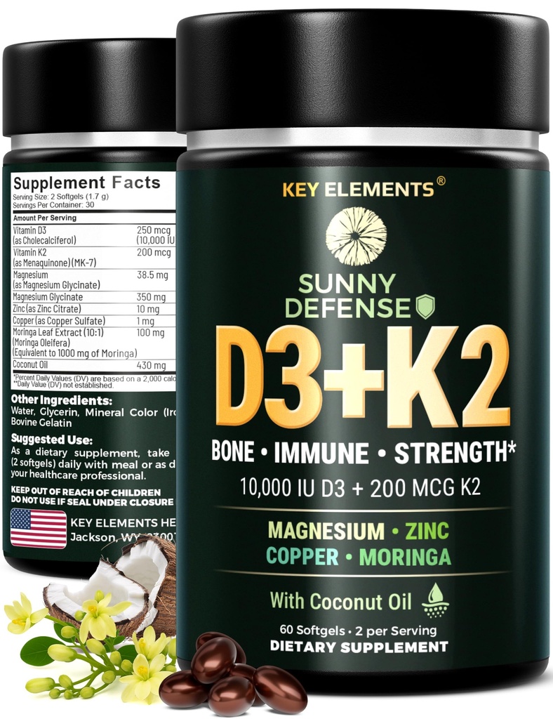 KEY ELEMENTS D3 K2 Vitamin 10,000 IU with Magnesium Glycinate 350mg, Zinc and Moringa - Bone & Immune Support - Vitamin D with K2 MK-7 200mcg - Non-GMO, Gluten-Free Softgels