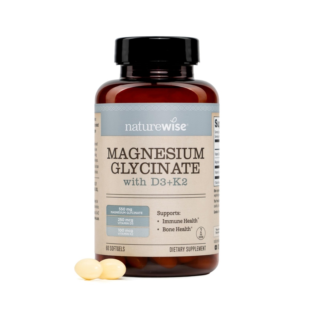 NatureWise Magnesium Glycinate 550mg + High-Dose 10000 IU Vitamin D3 K2 100 mcg - D3 K2 Magnesium Supplement - Chelated for High Absorption - Bone Support - Non-GMO, USA Manufactured - [30-Day Supply]