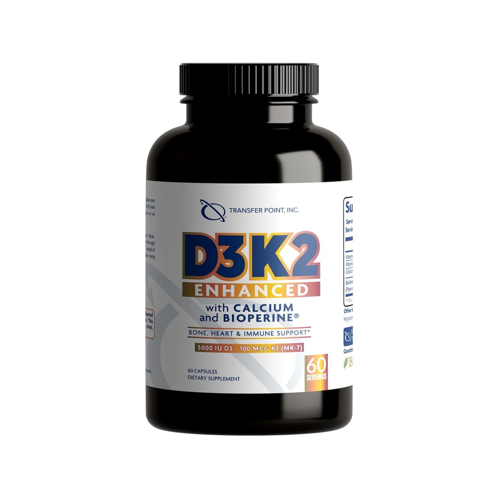 D3K2 Ενισχυμένο με Ασβέστιο & BioPerine® - 5000 IU Βιταμίνης D3 + 100 mcg Βιταμίνης K2 MK-7 - Φόρμουλα άπαξ ημερησίως, 60 κάψουλες