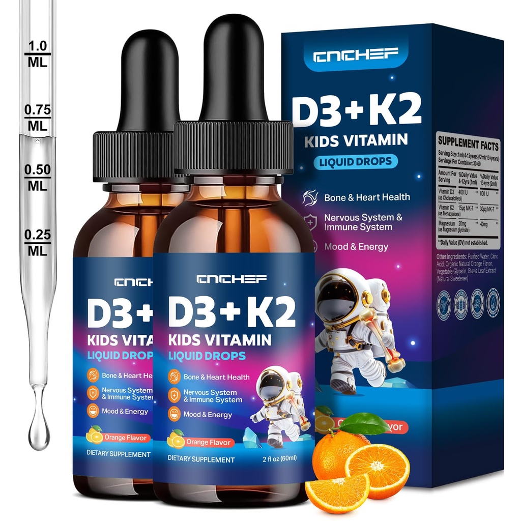 2PCS Vitamin D3 K2 Drops for Kids - Liquid Supplement with Magnesium for Calcium Absorption, Joint Health, Teeth & Heart - Non-GMO, Vegan, Orange, 4 Fl Oz - Kids Ages 4+