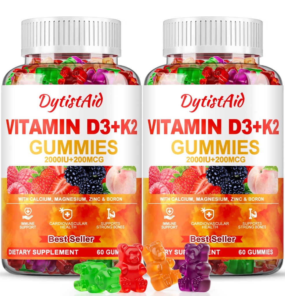 Vitamin D3 + K2 Gummies 2000 IU with Calcium + K2 (MK-7), Magnesium Citrate, Vitamin C, Zinc & Boron – Bone, Heart & Immune Support – Vegan, Non-GMO, Gelatin-Free, Sugar-Free Supplement, 120 Gummies