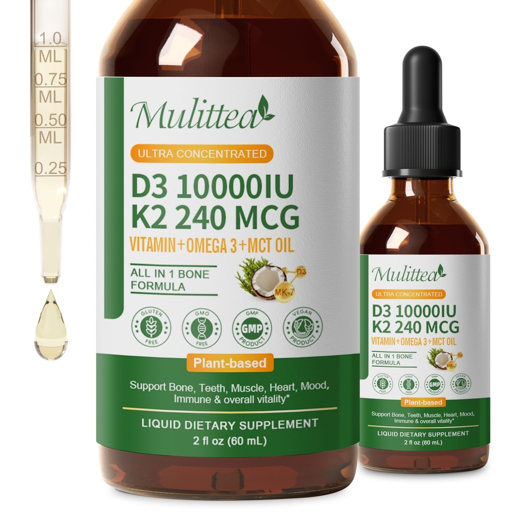 2 Pack Organic Vitamin D3 K2 Liquid 10000 IU w/ Vegan Omega-3 & Coconut MCT Oil - Maximum Strength Vitamin D Supplement, No Fillers, Non-GMO K2 as MK7 for Bones, Muscles & High Absorption-2 Fl Oz