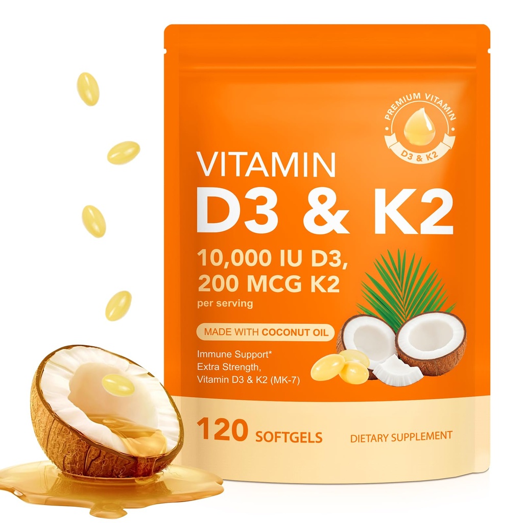 Vitamin D3 K2 10000 IU with 200mg, Vitamin D3 and K2 Capsules, 2 in 1 Vitamins D & K Complex with Virgin Coconut Oil, 120 Softgels, Easy to Swallow & Non-GMO