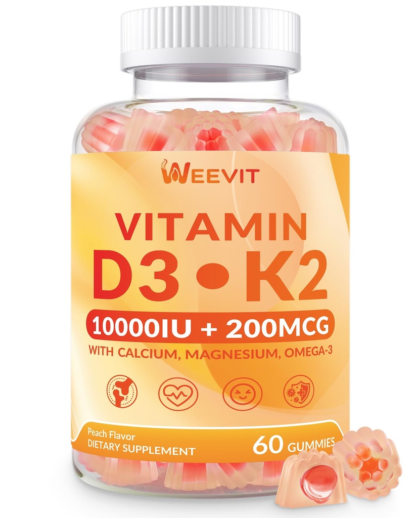 WEEVIT Vitamin D3 K2 Gummies, Sugar Free Vitamin D3 K2 w/Calcium, Magnesium, Omega-3, Vitamin C,B12, K2 D3 Supplement