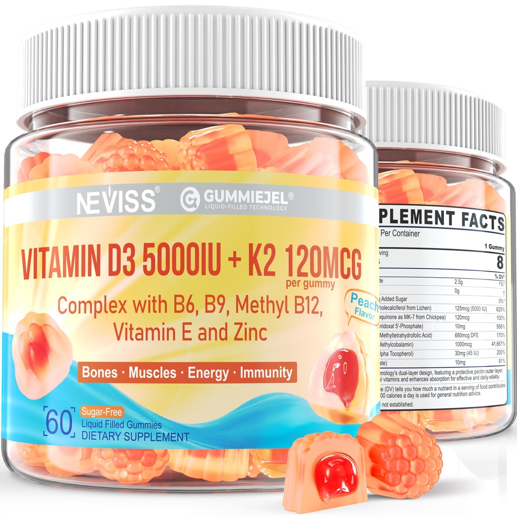 Βιταμίνη D3 5000IU + K2 (MK-7) 120mcg, χωρίς ζάχαρη Βιταμίνη D3 K2 Γεμισμένη με Βιταμίνη B Complex - Methyl B12, B9, B6 