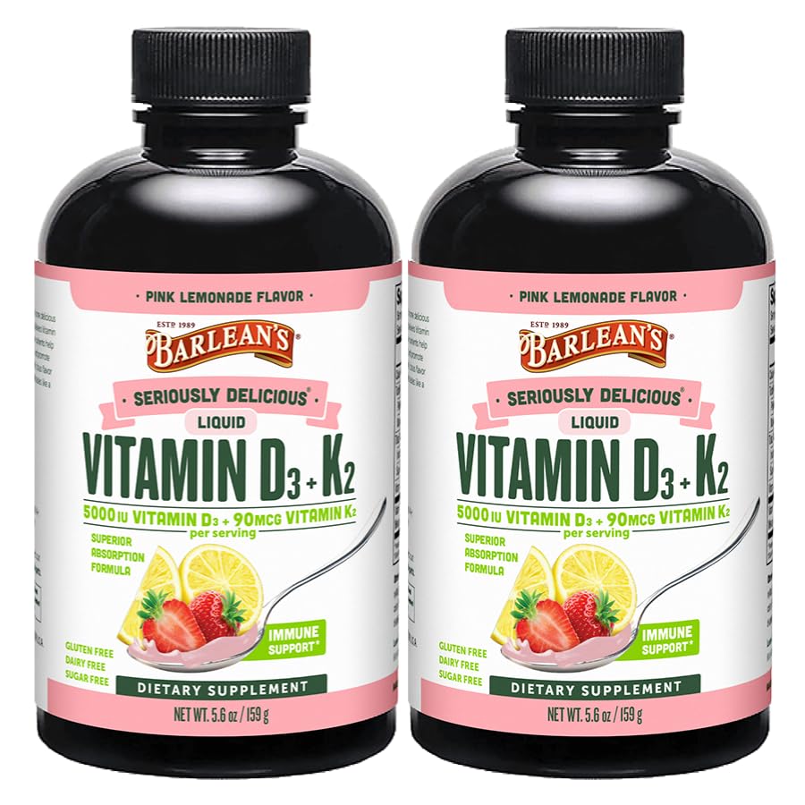 Barlean's Pack of 2 Vitamin D3+K2 Liquid Supplement for Kids and Adults, 5000 IU Vitamin D, Pink Lemonade, Non-GMO, Gluten and Dairy Free, 5.6 oz Each