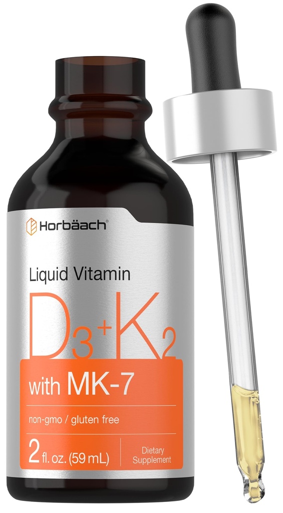Horbäach Vitamin D3 K2 Liquid Drops | with MK7 | 2 Fl Oz | Vegetarian, Non-GMO, Gluten Free Supplement