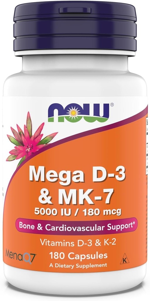 Now Supplements, Mega D-3 & MK-7, 5000 IU / 180 mcg, Bone & Cardiovascular Support*, Vitamins K-3 & K-2, 180 Capsules