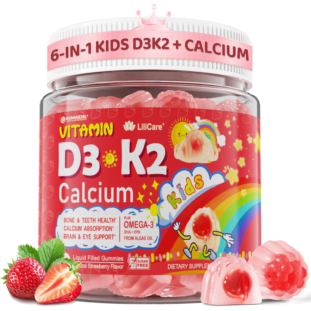 Vitamin D3 K2 + Calcium Liquid-filled Gummies for Kids & Teens, 1000IU / 2000IU D3 with Magnesium, Algal Omega 3, Kids Vitamins for Bones & Teeth, Calcium Absorption, Brain, Immune, Sugar-Free, 60Cts