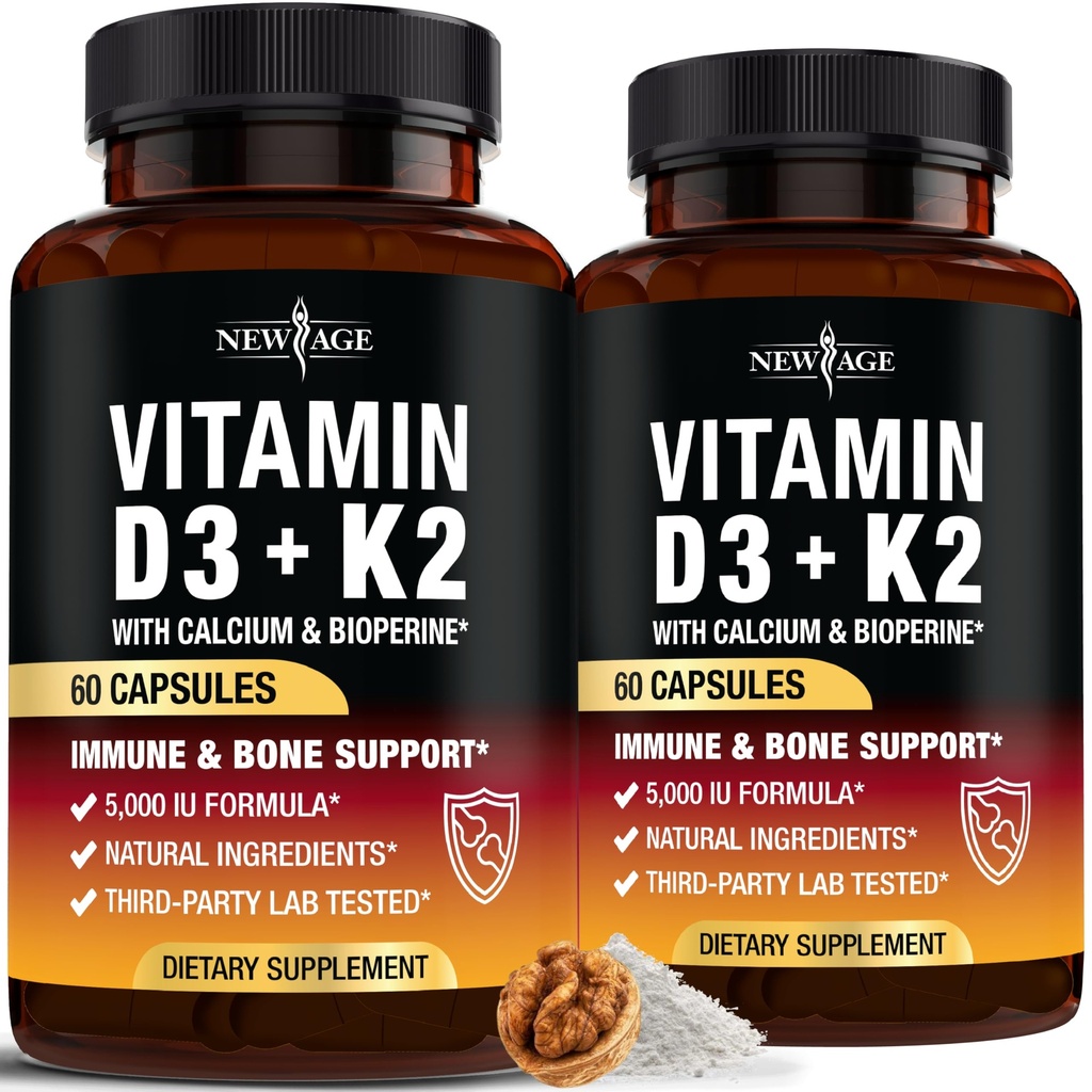 NEW AGE Vitamin D3 5,000 IU + K2 MK-7 100 mcg - 2-in-1 Bone, Immune & Heart Support, Easy to Swallow, Non-GMO - 120 Capsules