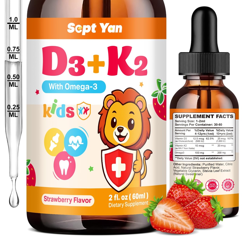 Παιδικές σταγόνες βιταμίνης D3 K2 - K2 D3 Συμπλήρωμα βιταμινών 1000 IU με Ωμέγα 3, Υποστηρίξτε τα οστά, τη διάθεση, τα δόντια και το ανοσοποιητικό - Βιταμίνη D3 K2 (MK-7) Υγρές σταγόνες για ενήλικες & παιδιά, Χωρίς ζάχαρη γεύση φράουλα 2 FL OZ