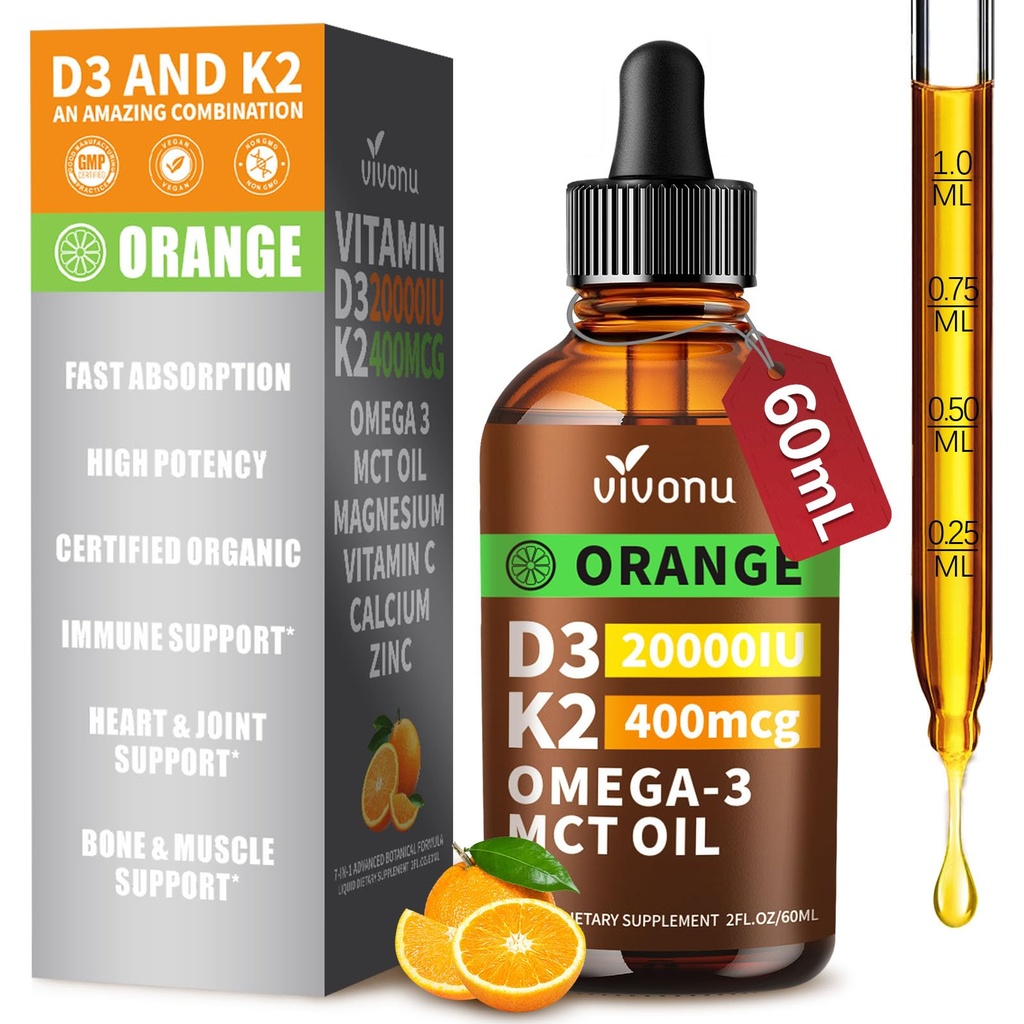 Vitamin D3 K2 Drops, D3 20000 IU & K2 as MK-7 400mcg with Magnesium, Calcium, Zinc & Omega 3 for Immune*, Mood*, Bone* Health, Orange Flavor Vitamin D Liquid Drops Supplement 1 Bottle/2 Ounces