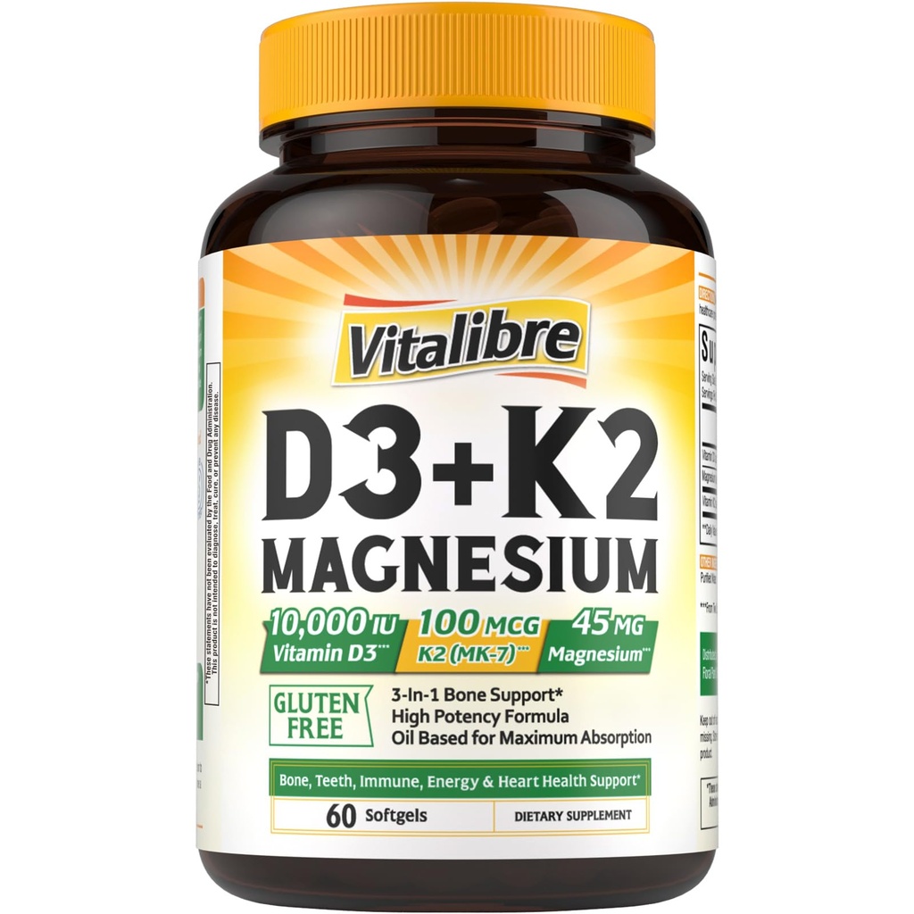 Vitalibre Vitamin D3 K2 + Magnesium Supplement, 10000 IU Vitamin D3 & 100 mcg K2, with Magnesium Glycinate, Bone, Teeth, Immune & Energy Support, High Absorption, Non-GMO, Easy to Swallow, 60 Softgels