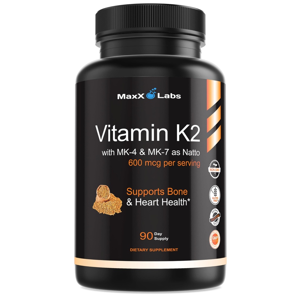Vitamin K2 Supplement - Full Spectrum Vitamin K2-MK7, MK4 & Vitamin D - High Strength K2 Works with Vitamin-D3 - Vitamin-K 600mcg - Supports Bone Health - 90 Capsules