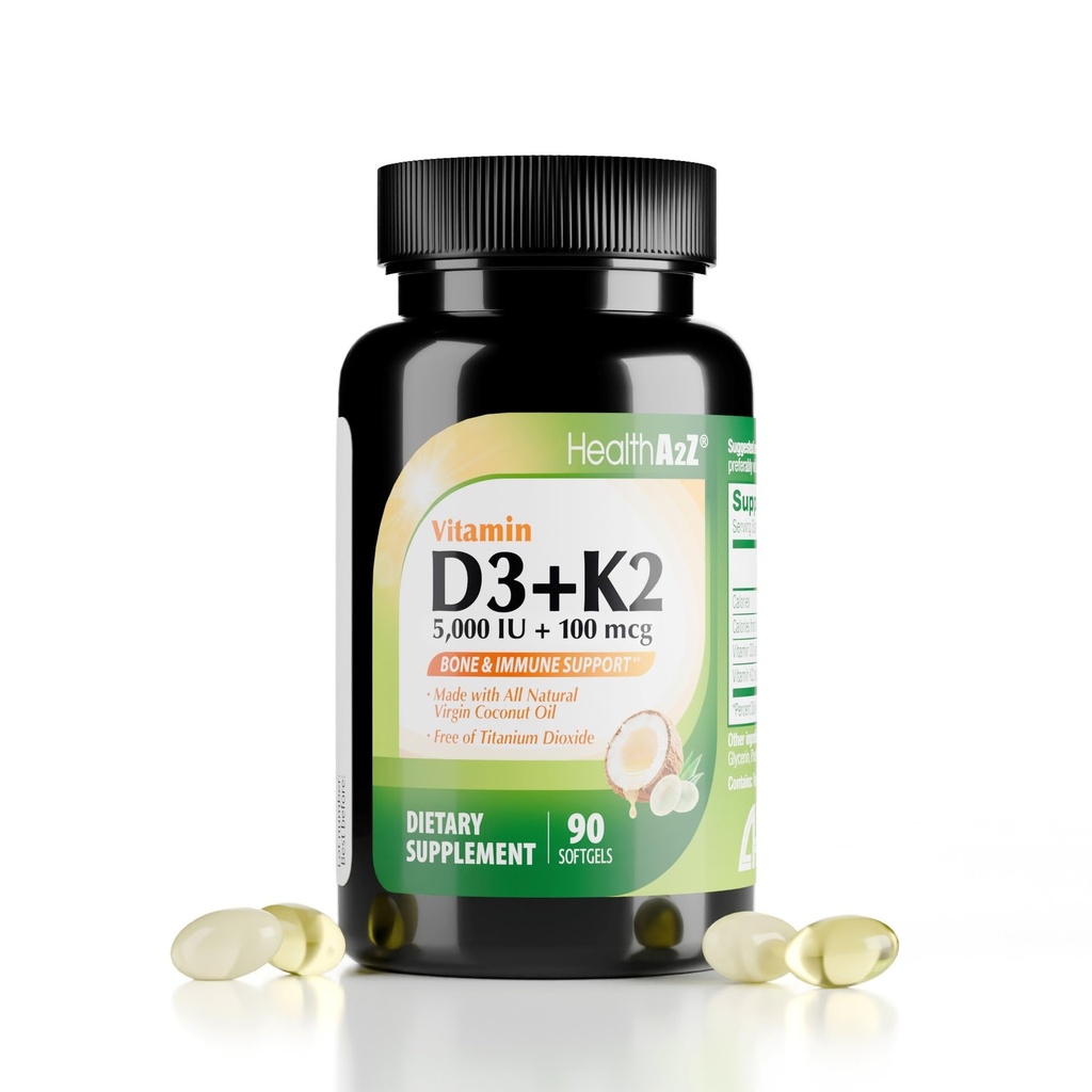 HealthA2Z® Vitamin D3 (5,000 IU) + K2 (MK-7) Made with Virgin Coconut Oil (Natural MCTs) - 90 Softgels (Pack of 1) - Helps Calcium Absorption for Bones, Teeth, Mood & Immune Health