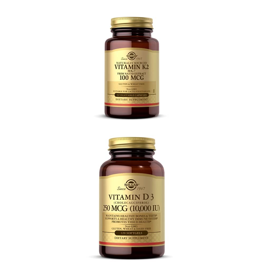 Solgar Vitamin K2 (MK-7) 100mcg, 50 κάψουλες λαχανικών - Υποστηρίζει την υγεία των οστών Βιταμίνη D3 (Cholecalciferol) 250 MCG (10.000 IU), 120 Softgels - Υποστήριξη ανοσοποιητικού συστήματος