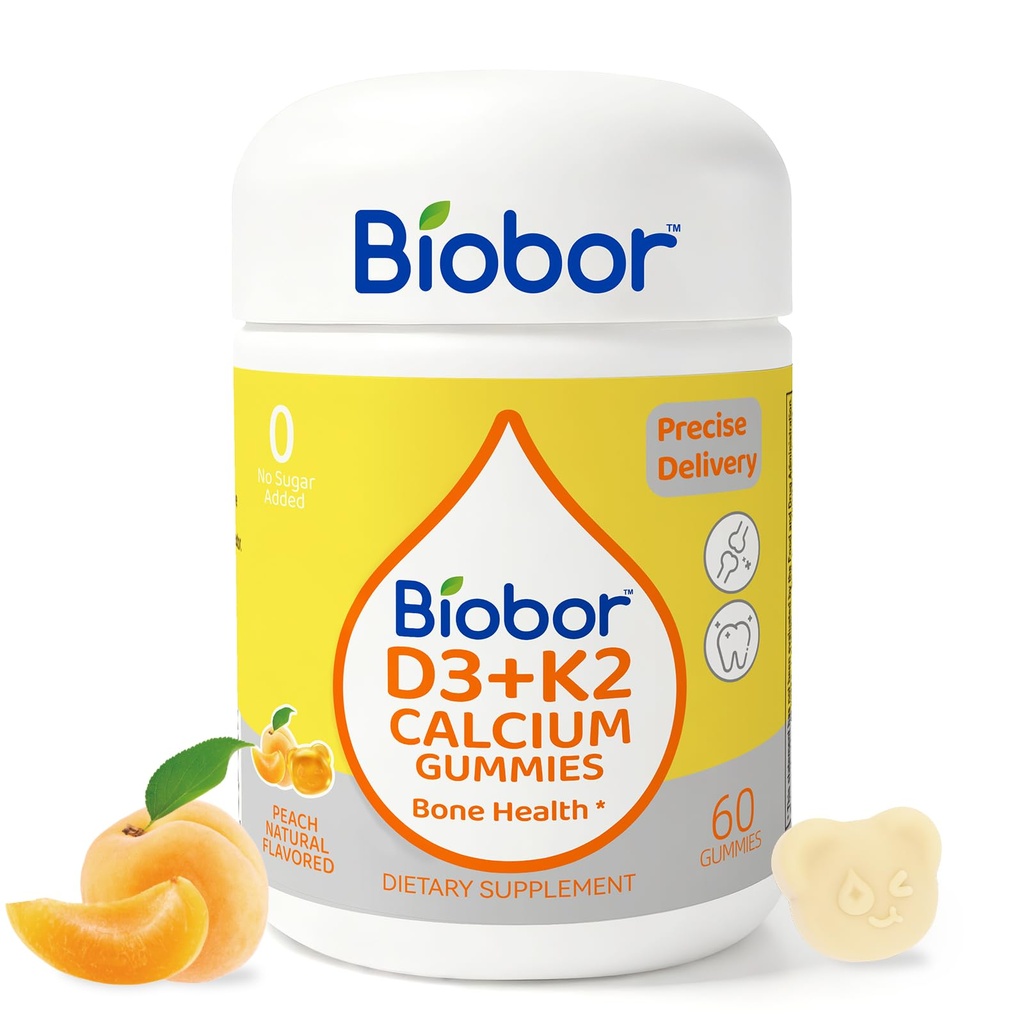 Biobor Βιταμίνη D3 K2 Gummies με ασβέστιο, 2000 IU D3 & 200 mcg K2 (MK-7) & 200 mg Ασβέστιο, Δεν προστίθεται ζάχαρη, Υποστηρίζει υγιή οστά & ανοσοποιητική υγεία, χωρίς γλουτένη, GMO δωρεάν, κίτρινο Peachάκινο, 60 μέτρα