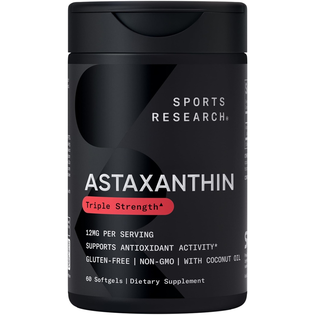 Sports Research® Triple Strength Astaxanthin 12mg w/Organic Coconut Oil - Antioxidant Supplement for Skin & Eye Health Support* - Soy Free · Non-GMO · Gluten Free - 60 Softgels