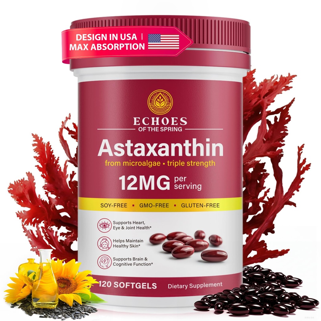 Ασταξανθίνη 12mg – Φυσική Ασταξανθίνη από το Haematococcus Pluvialis, Τριπλή Δύναμη Αντιοξειδωτικό συμπλήρωμα για τα μάτια, το δέρμα, την κοινή & ανοσοποιητική υποστήριξη (120 Count (Pack of 1))