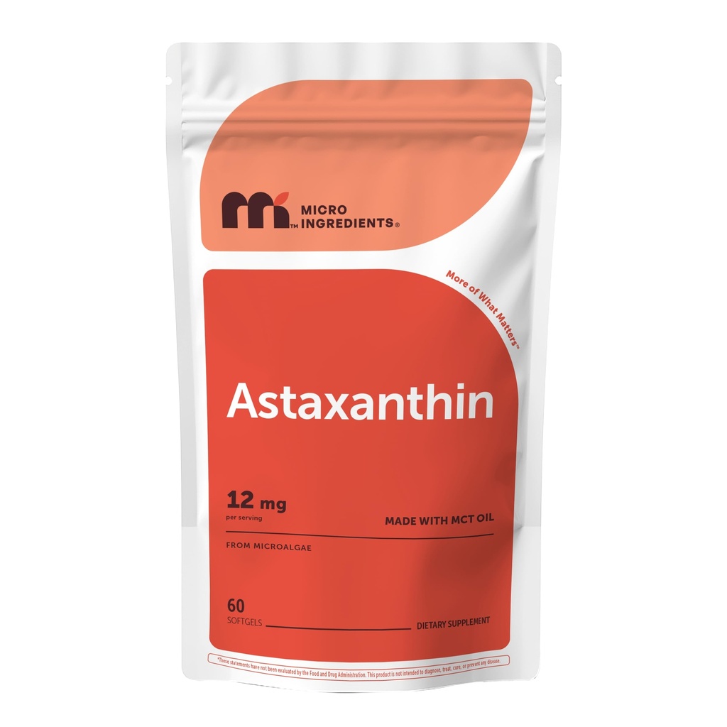 Micro Ingredients Astaxanthin 12mg with MCT Oil, 60 Softgels | Fresh Microalgae Source | Triple Strength, Easy to Swallow, Non-GMO, Gluten Free, Soy Free