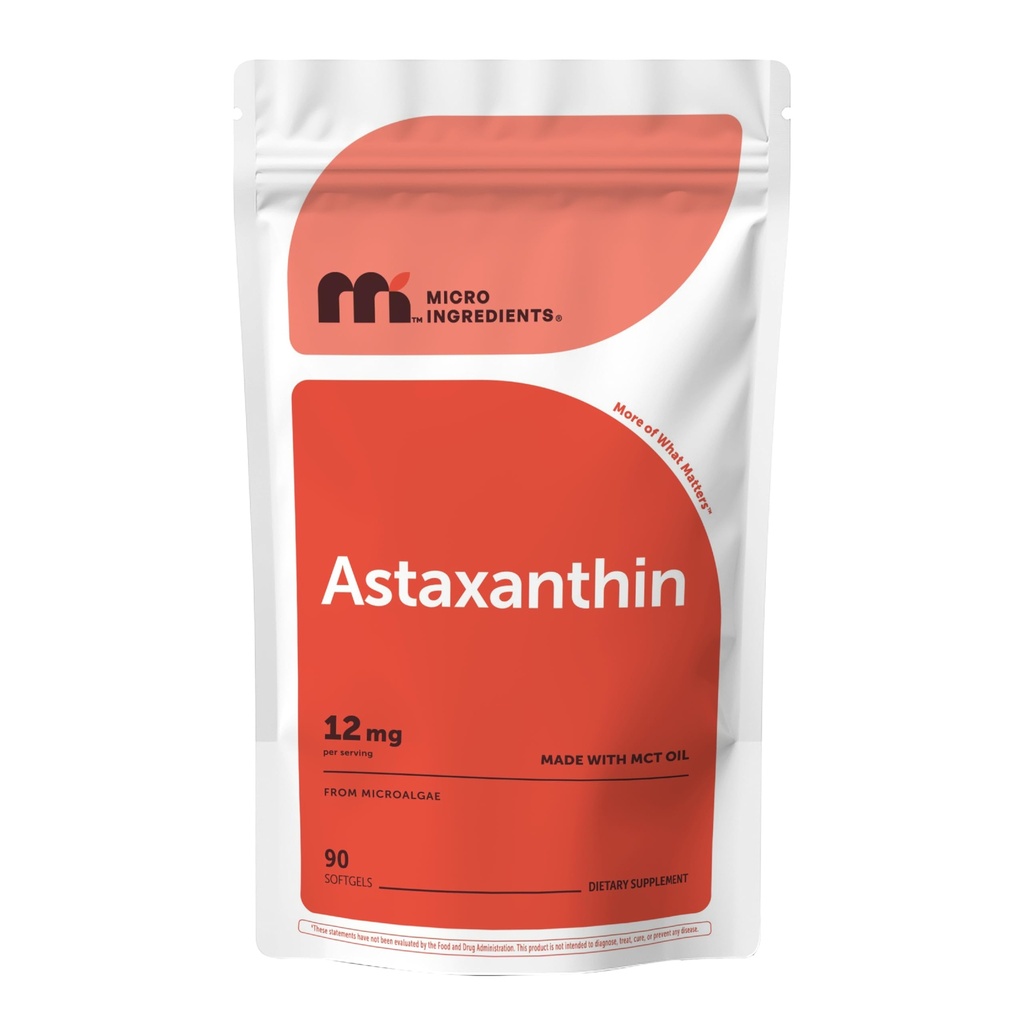 Micro Ingredients Astaxanthin 12mg with MCT Oil, 90 Softgels | Premium Astaxanthin Antioxidant Supplements* | Fresh Microalgae Source | Triple Strength, Non-GMO, Gluten Free, No Soy
