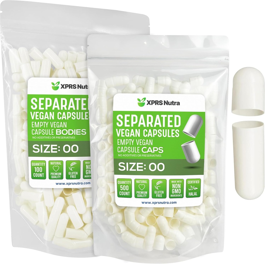 XPRS Nutra Vegan Μέγεθος 00 Χωριστές κάψουλες - 100 Count Premium Κενές κάψουλες χωρίζονται σε τσάντες - 00 Χάπια Κενά για συμπλήρωμα DIY πλήρωσης (λευκό)