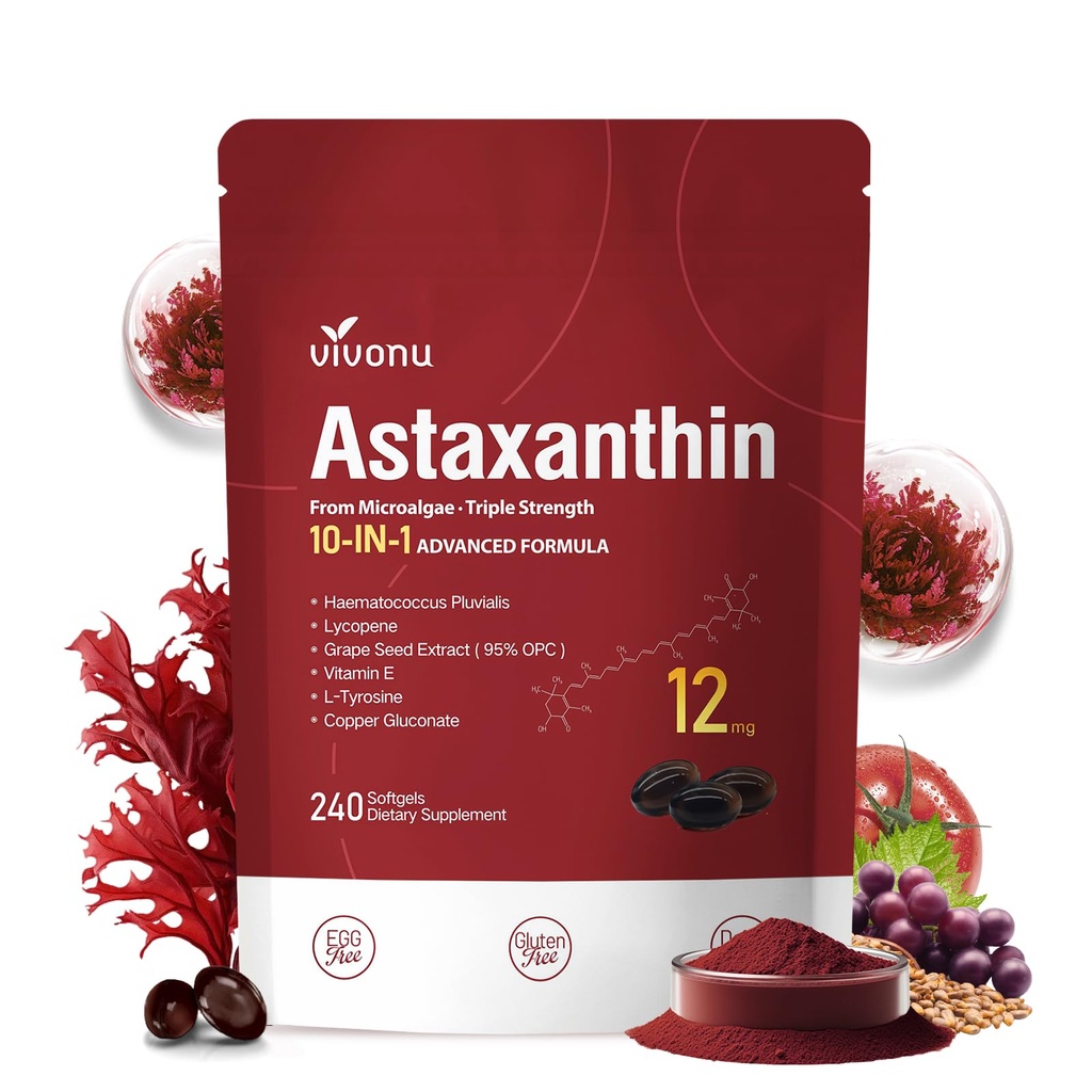 10 σε 1 Ασταξανθίνη 12mg Συμπληρώματα, 4 Μήνες Προμήθεια, Ασταξαντίνα Αντιοξειδωτικό από το Fresh Haematococcus Pluvialis, Περιέχει Λυκοπένιο, Σπόροι σταφυλιού, Βιταμίνη Ε, & More Υποστηρίζει τα μάτια, τις αρθρώσεις, την υγεία του δέρματος