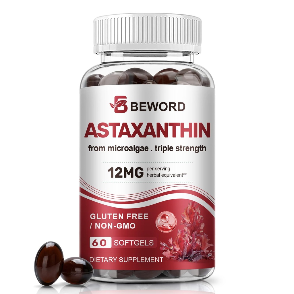 BEWORD Astaxanthin 12mg with MCT Oil, 60/120 Softgels 2-Month Supply | Premium Antioxidant Supplements | Natural Microalgae, Triple Strength | Supports Skin & Eye Health | Non-GMO, Gluten & Soy-Free