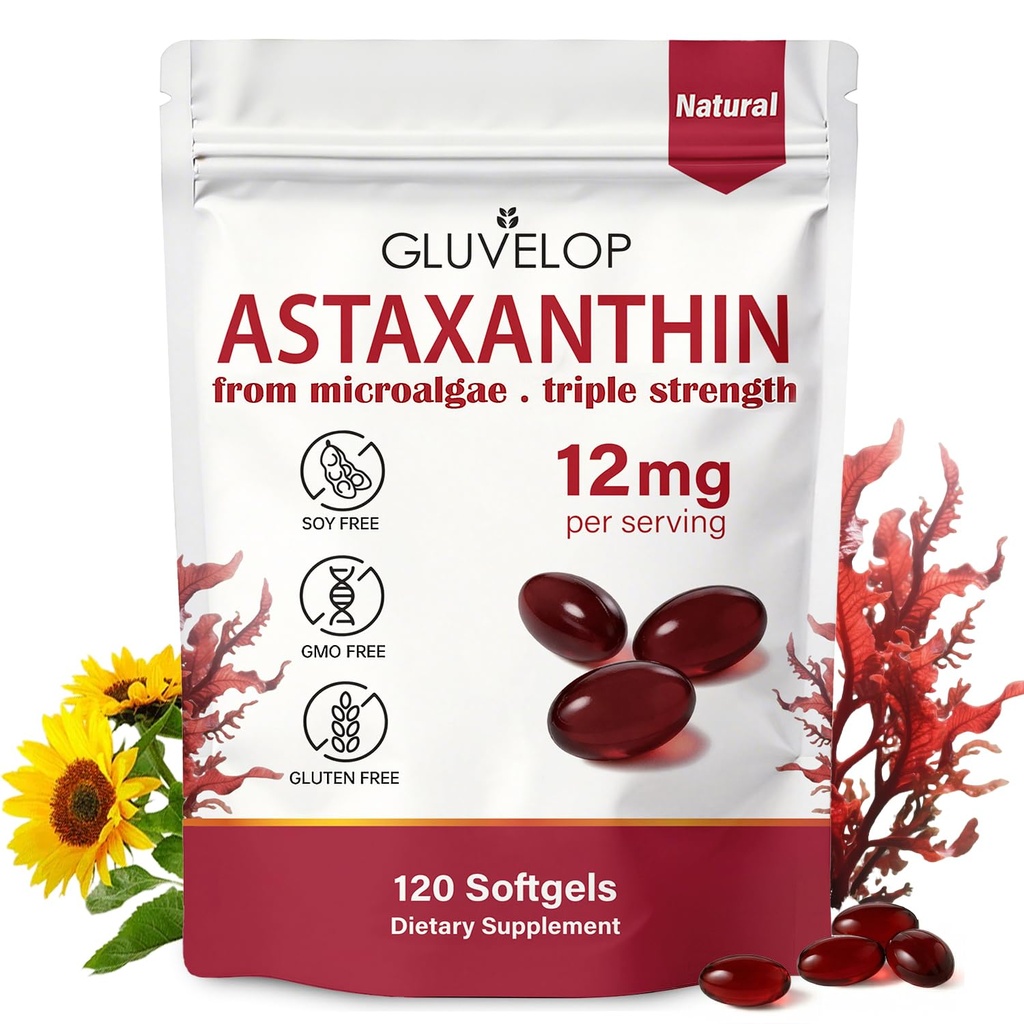 Ασταξανθίνη 12mg, Premium Ασταξανθίνη Αντιοξειδωτικά συμπληρώματα, Υποστηρίζει το μάτι, το δέρμα, ανοσοποιητικό, εσωτερική κυκλοφορία, φρέσκο μικροφύκη πηγή, τριπλή δύναμη, μη ΓΤΟ, 4 μήνες προμήθεια, 120 Softgels
