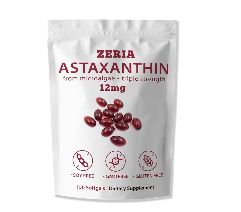 ZERIA Astaxanthin 12mg, 150 Softgels - Natural Microalgae Antioxidant for Eye, Skin & Immune Support, 4-Month Supply(1pcs)