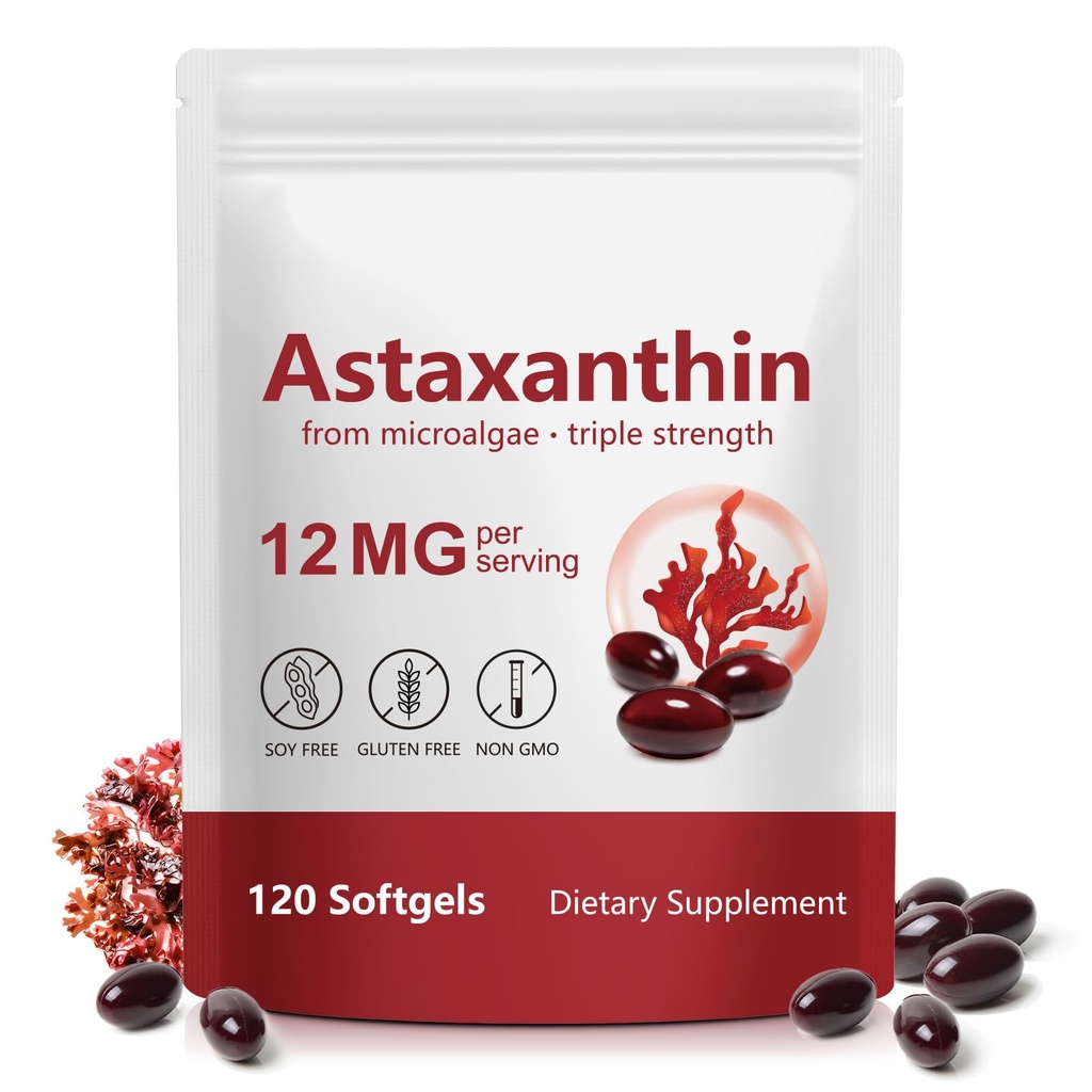 Ασταξανθίνη Συμπληρώματα 12mg 120 Softgels, Premium Ασταξανθίνη Αντιοξειδωτικό συμπλήρωμα, Υποστηρίζει τα μάτια, το δέρμα, αρθρώσεις, εγκέφαλος, καρδιά & ανοσοποιητικό σύστημα υγεία, φρέσκο μικροφύκη πηγή, μη ΓΤΟ & χωρίς γλουτένη
