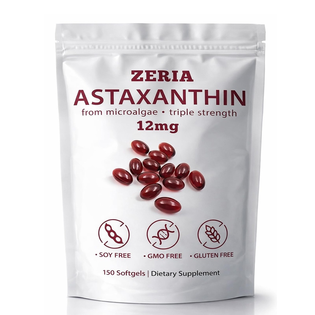 ZERIA Astaxanthin 12mg, Natural Microalgae Antioxidant for Eye, Skin & Immune Support - 150 Softgels
