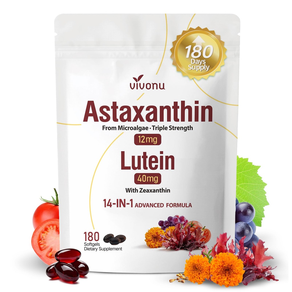 14-in-1 Astaxanthin 12mg & Lutein 40mg with Zeaxanthin Supplements, 6 Month Supply, Fresh Microalgae Source, Supports Eye, Skin, Antioxidant, Joint, Circulatory Health Non-GMO Gluten Free 180 Softgels
