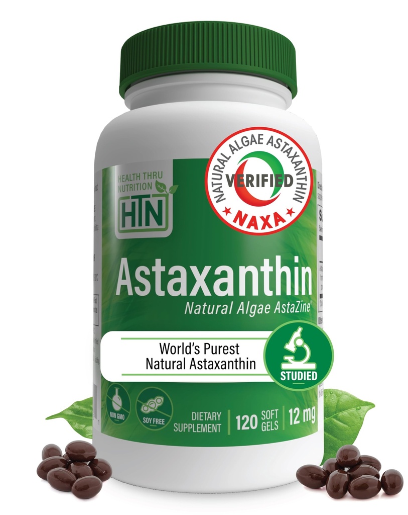 Health Thru Nutrition Astaxanthin Triple Strength 12mg Supplement 120 Softgels | AstaZine from Algae Organically Grown in Pristine Himalayan Water | Skin and Vision Support