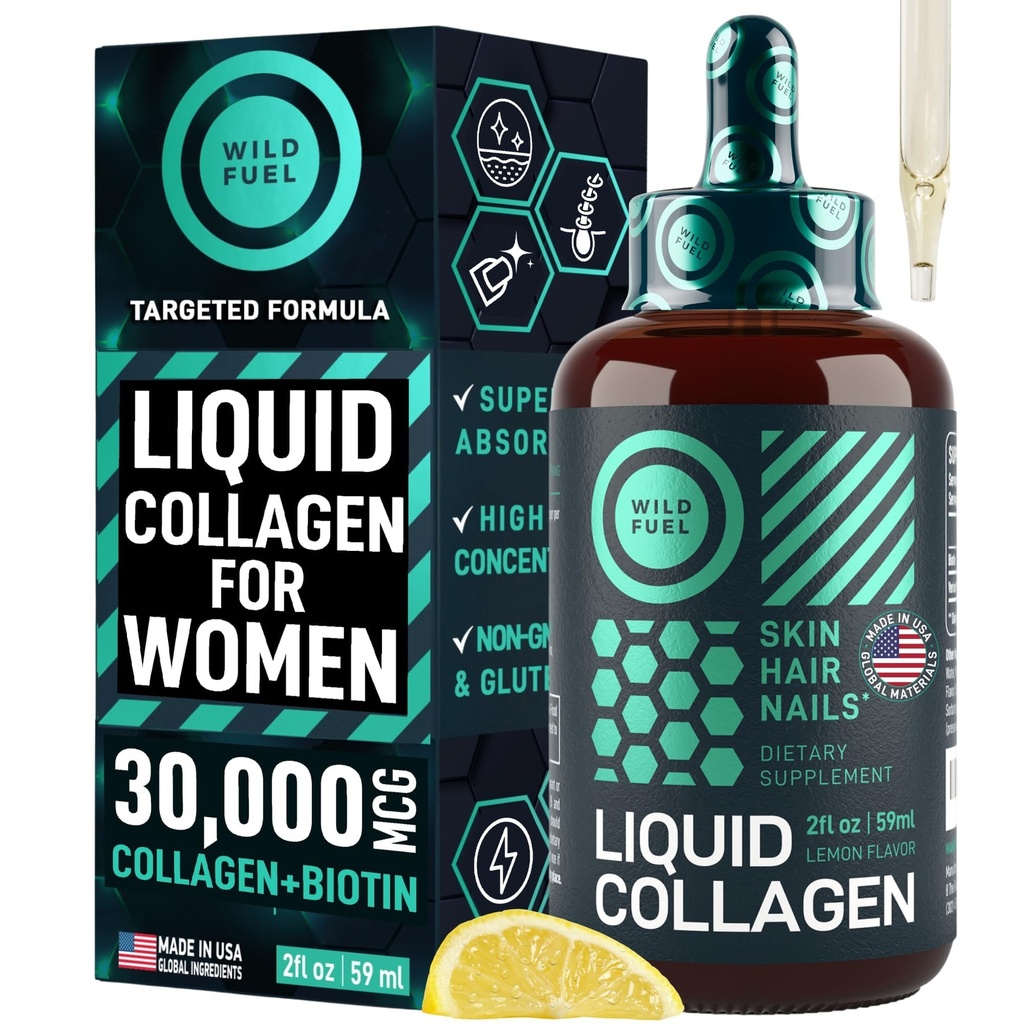 WILD FUEL Liquid Collagen Peptides με Βιταμίνες Βιοτίνης για το δέρμα των μαλλιών και τα νύχια - 30.000mcg Liquid Collagen για γυναίκες και άνδρες Plus Biotin - Λεμόνι Γεύση, έως 2 μήνες - 2 oz