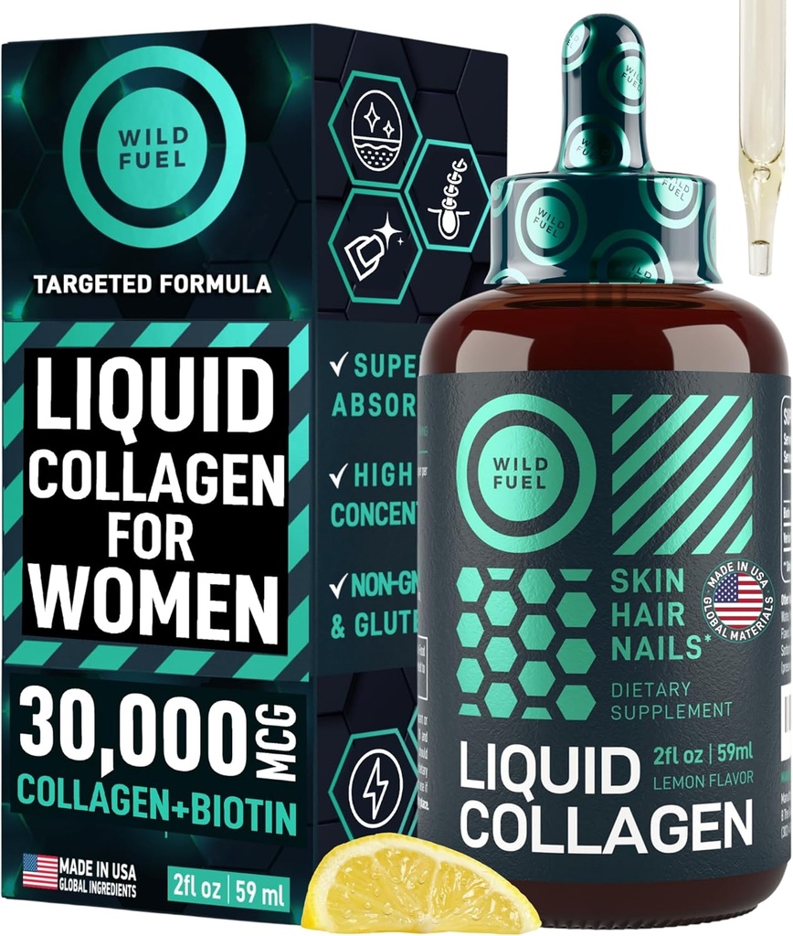 WILD FUEL Liquid Collagen Peptides με Βιταμίνες Βιοτίνης για το δέρμα των μαλλιών και τα νύχια - 30.000mcg Liquid Collagen για γυναίκες και άνδρες Plus Biotin - Λεμόνι Γεύση, έως 2 μήνες - 2 oz