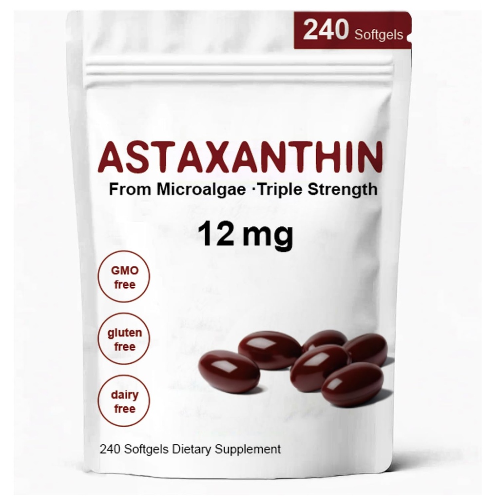 Ασταξανθίνη 12mg, Premium Ασταξανθίνη Αντιοξειδωτικά συμπληρώματα με Αντιοξειδωτική Δραστηριότητα, Υποστηρίζει το μάτι, ανοσοποιητικό, την υγεία του δέρματος, εσωτερική κυκλοφορία-240 Softgels