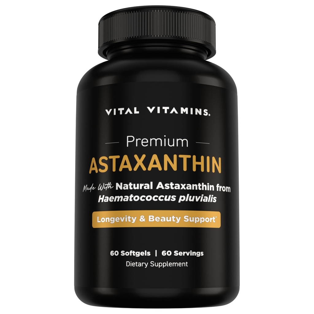 Ζωτικές Βιταμίνες Ασταξανθίνη 12mg Softgels - Φτιαγμένα με Φυσική Ασταξανθίνη - Συμπλήρωμα για την προώθηση της ενυδάτωσης του δέρματος, Ελαστική - Υπερασπίζεται τα κύτταρα από την καθημερινή βλάβη - Vegan, Made in the USA - 60 Soft Gels