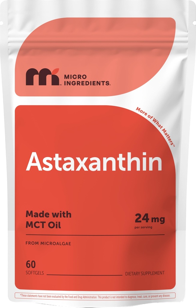 Micro Ingredients Astaxanthin 24mg with MCT Oil, 60 Softgels, 2 Month Supply | Max Strength Astaxanthin Antioxidant Supplements | Fresh Microalgae Source | Non-GMO, Gluten Free, No Soy