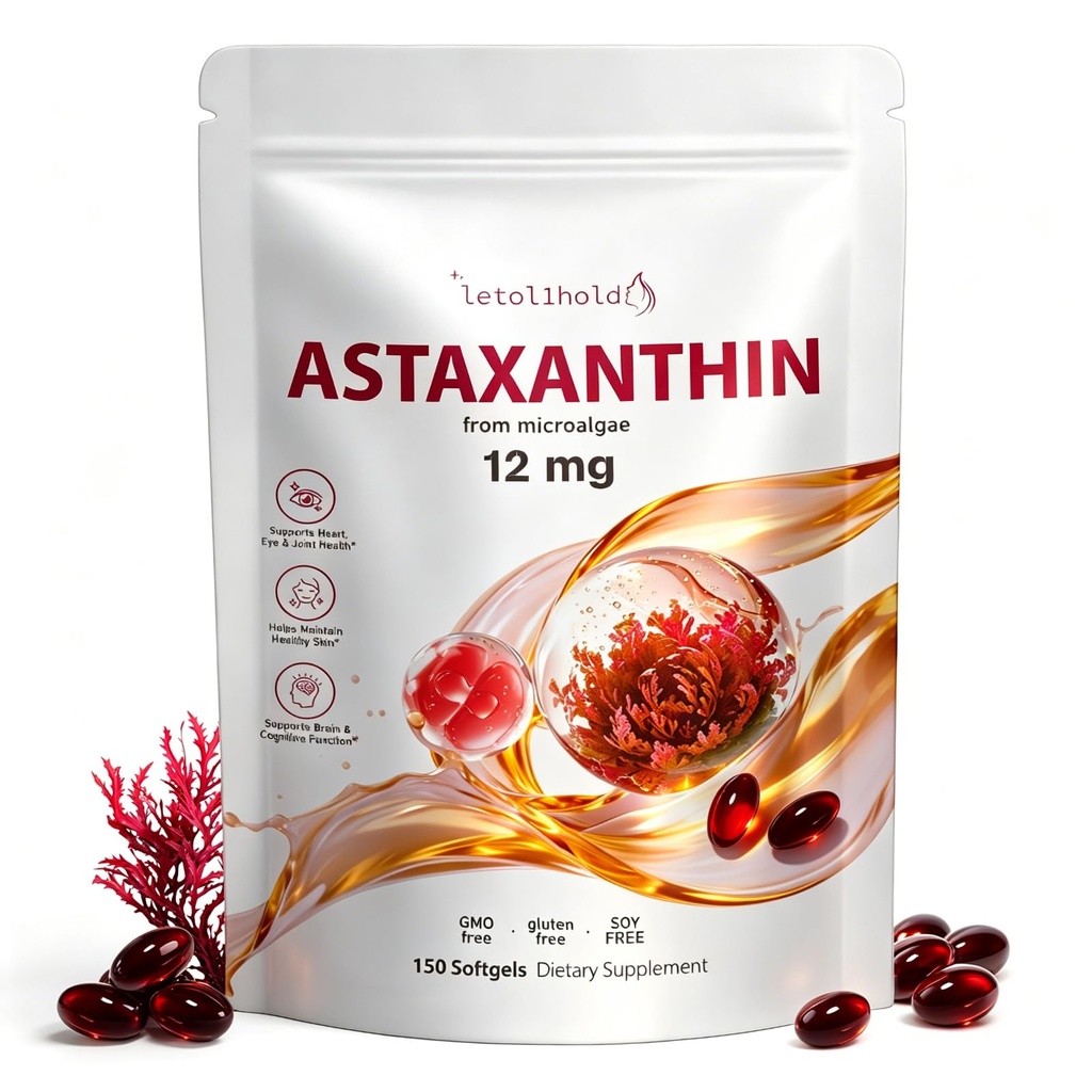 Ασταξανθίνη 12mg, 150 Softgels - 5 Μήνες Προμήθεια, Συμπληρώματα Ασταξανθίνης που προέρχονται από φρέσκα μικροφύκη, μη ΓΤΟ, Χωρίς γλουτένη, Εύκολο στην Κατάποση