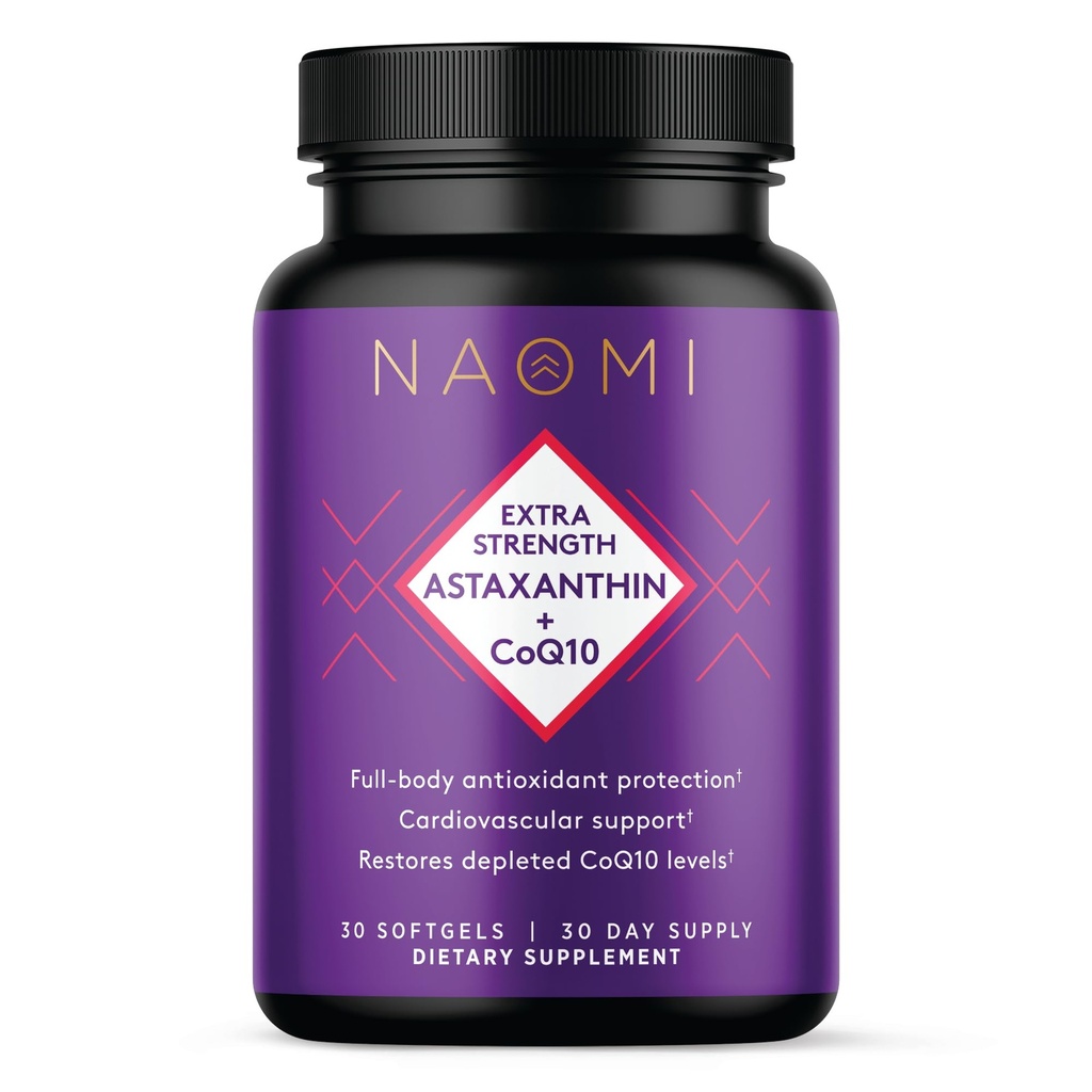 NAOMI Extra Strength Astaxanthin + CoQ10, Fat-Soluble Antioxidants, Cardiovascular Support, Increased Energy, Immune and Cognitive Function, Restore Depleted CoQ10, High Absorption, 30-Day Supply