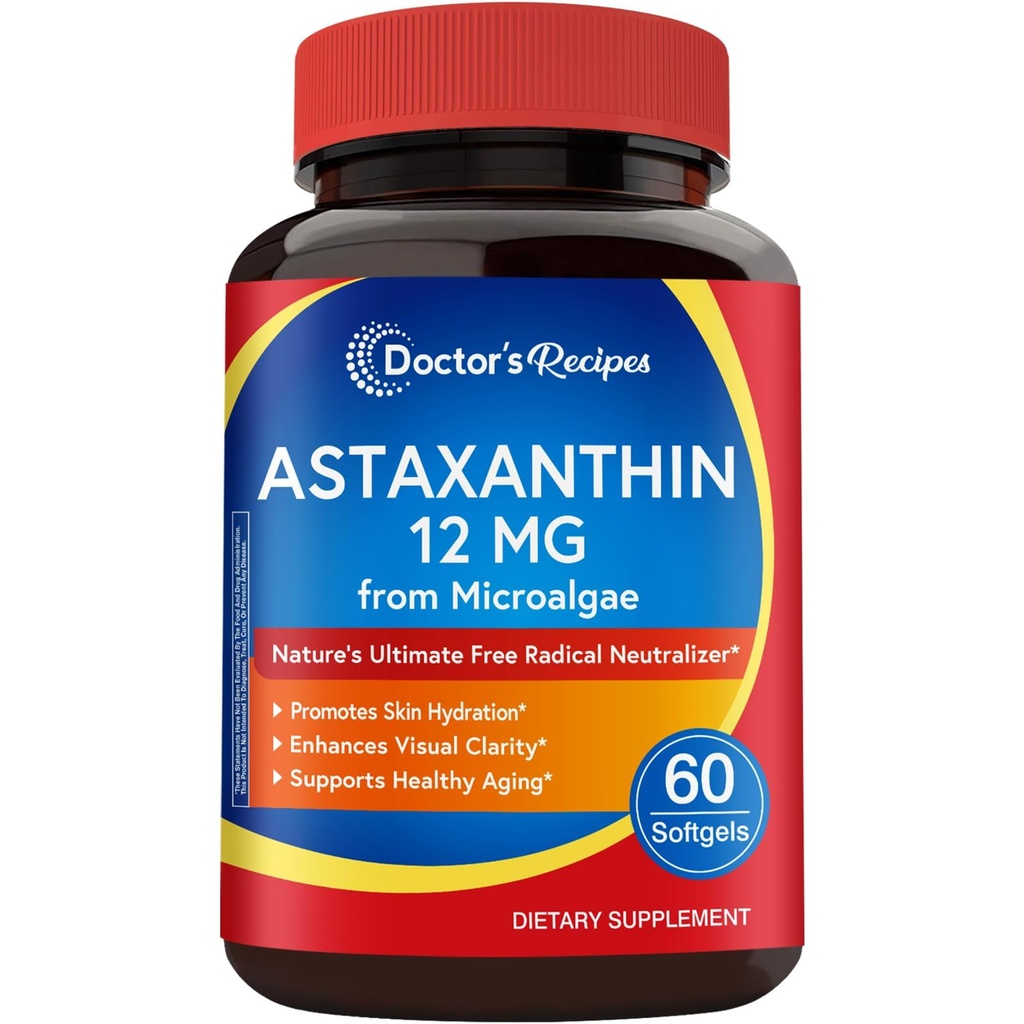 Doctor's Recipes Astaxanthin 12 mg, from Fresh Premium Microalgae, Max Strength, No Gluten, Non-GMO, Supports Skin, Eye, Bone & Immune System Health, 60 Softgels