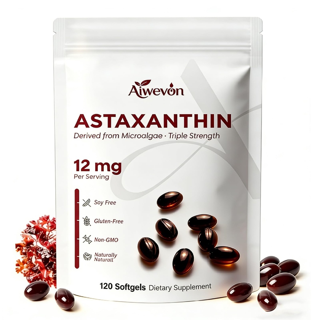 Astaxanthin Supplement 12mg Softgels, Natural Astaxanthin from Microalgae with MCT Oil for Absorption, Powerful Antioxidant Support for Skin Eye Heart Joint Health, Non-GMO Gluten Free, 120 Softgels