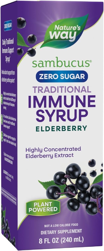 Nature’s Way Sambucus Zero Sugar Traditional Immune Syrup, Εξαιρετικά συμπυκνωμένο Black Elderberry Extract, Traditional Immune Support*, Sugar-Free, Berry Flavored, 8 Fl Oz (Packaging May Vary)