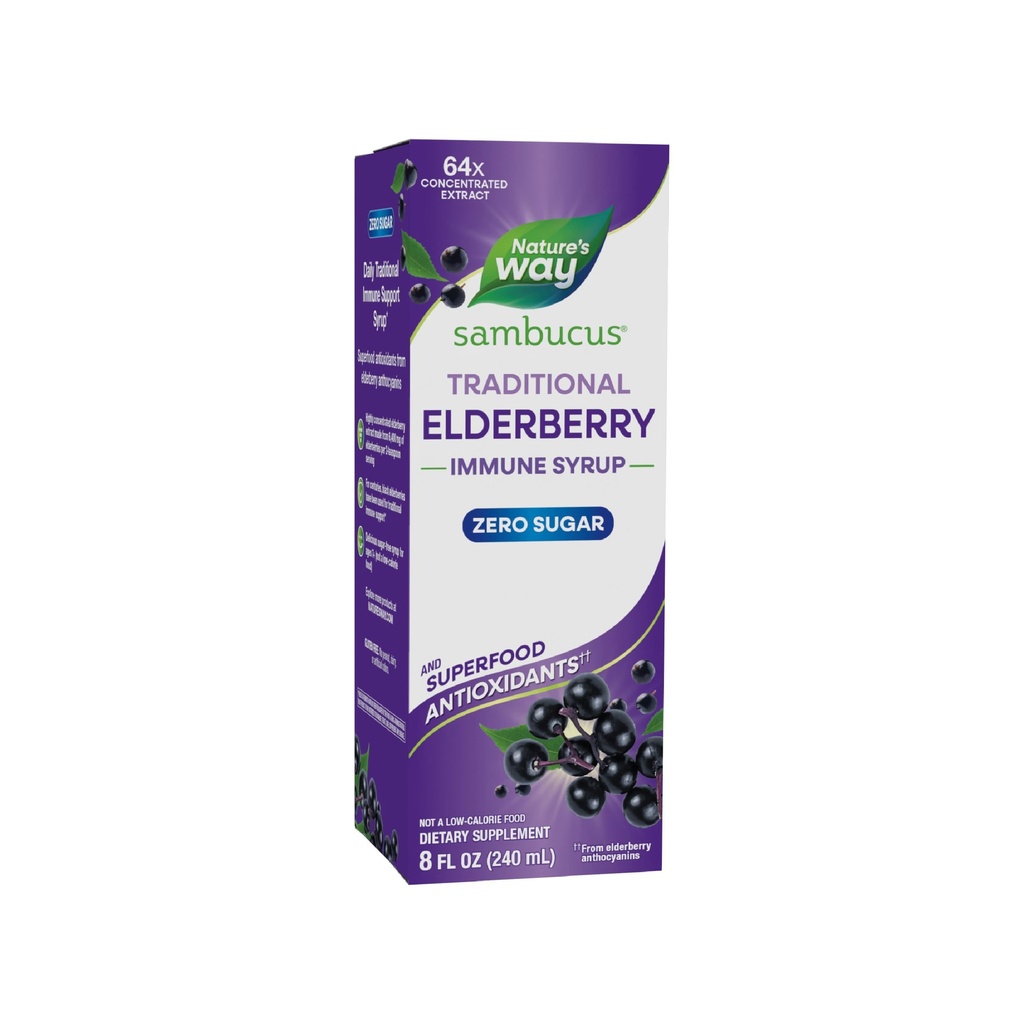 Nature’s Way Sambucus Zero Sugar Traditional Immune Syrup, Εξαιρετικά συμπυκνωμένο Black Elderberry Extract, Traditional Immune Support*, Sugar-Free, Berry Flavored, 8 Fl Oz (Packaging May Vary)