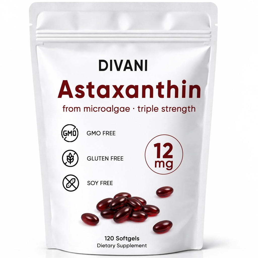 DIVANI Astaxanthin 12mg, Αντιοξειδωτικό συμπλήρωμα για την καθημερινή ευεξία, το ανοσοποιητικό, το μάτι & το δέρμα υποστήριξη, μη-GMO, Γλουτένη χωρίς - 120 Softgels