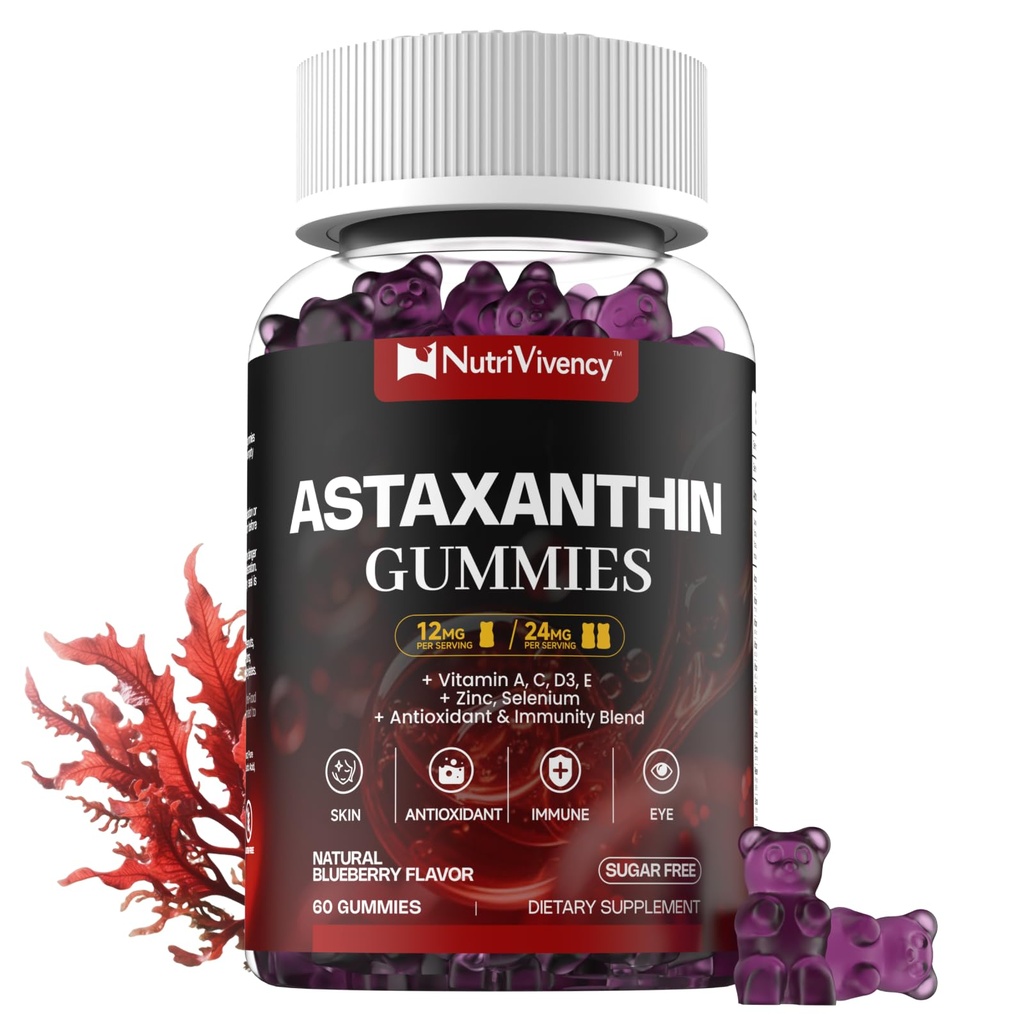 Astaxanthin Gummies, 12mg Per Gummy 24mg Max, Astaxanthin Supplements with Vitamin A/C/D/E, Resveratrol, 14-IN-1 Antioxidants Blend for Women Men, Skin, Eyes, Immune Support, Sugar Free, Vegan, 60 Ct